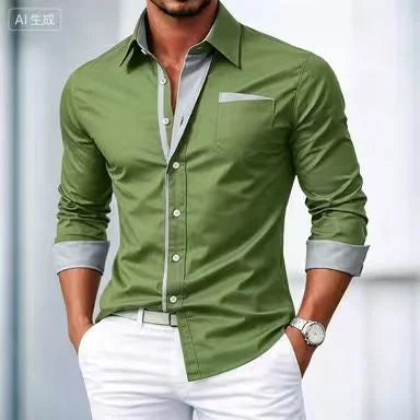 Men's shirt button-down shirt color block casual daily wear navy blue royal blue long sleeve cuffed spring and autumn clothing c