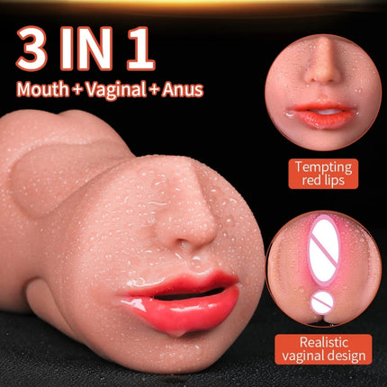 3 IN 1 Male Sex Toy - Deep Throat + Artificial Real Pussy + Realistic Rubber Vagina, Oral Blowjob Masturbator for Men