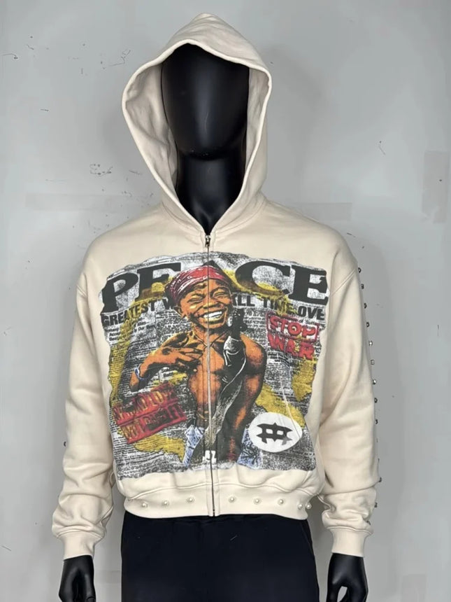 Y2K Aesthetic Pattern Print Hoodie Vintage Punk Gothic Couple Pearl Graffiti 2000s Streetwear