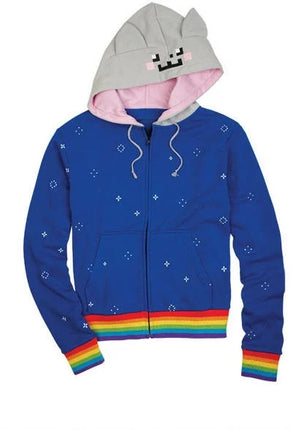Nyan Cat Blue Zip Up Embroidered Hoodie Pixel Face Ears Hood Rainbow Stripes Star Dots Sweatshirt Jacket Unisex Y2K