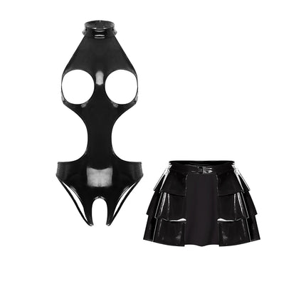 Womens Wet Look PU Leather Lingerie Set Push-up Underwire Cutout Short Sleeve Crop Top with Built-in Thongs Miniskirt Clubwear