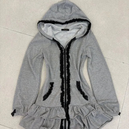 American Retro Spring And Autumn Subculture Dark Style Slim Lace Patchwork Hoodies Fashionable Versatile Classics Hooded Hoodies