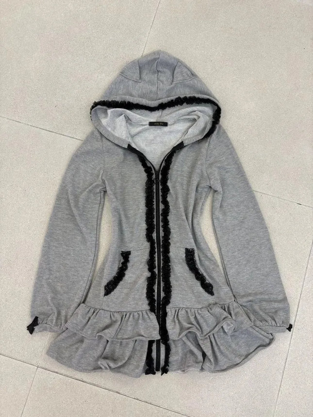 American Retro Spring And Autumn Subculture Dark Style Slim Lace Patchwork Hoodies Fashionable Versatile Classics Hooded Hoodies