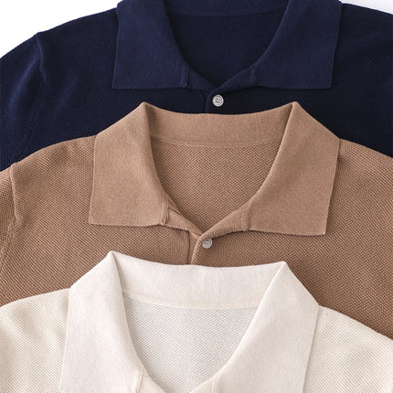 2025 Spring/Summer New Men's Short Sleeved 100% Cotton T-Shirt Sweater POLO Collar Loose Knit Pullover Business Casual Tops