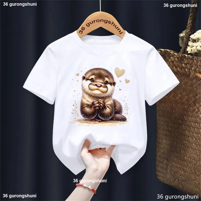 Harajuku Kawaii Kids Clothes Funny Otter Love Flowers Animal Printed Tshirt Girls/Boys Summer Fashion T Shirt Tops