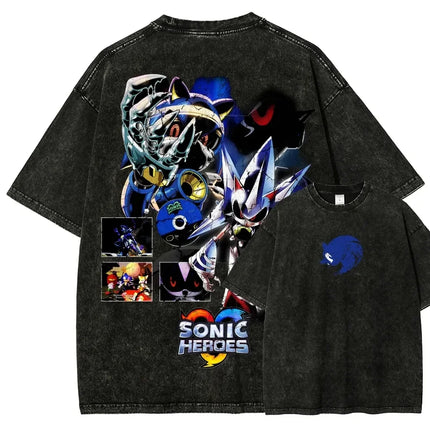 Classic Anime Manga Games Sonic Peripherals Print T-shirts Fashion Loose Casual Oversized Tee Men Women Retro Washed Cotton Tops