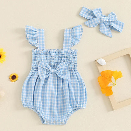 FOCUSNORM 0-18M Lovely Baby Girls Summer Romper Outfits Fly Sleeve Plaid Print Ruffles Boknot Jumpsuits with Headband