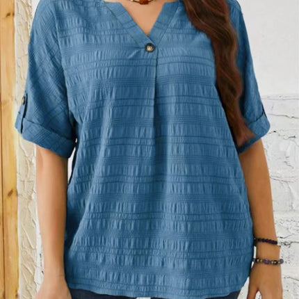 GIBSIE Plus Size Solid Button Detail Notch Neck Blouse Women Fashion 2025 New Summer Half Sleeve Casual Loose Blouses Tops