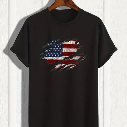 Men's Summer Casual Loose Size 100% Cotton Trendy American Flag Pattern Print Round Neck Short Sleeve T-shirt Top