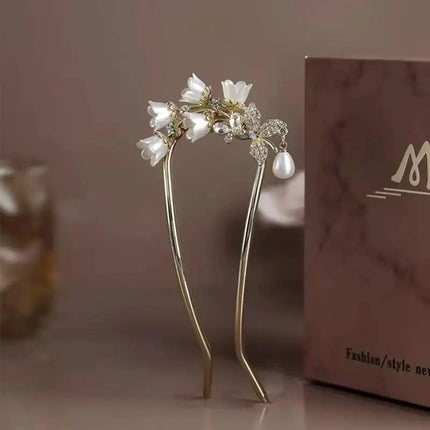 Chinese Hanfu Hair Accessories Long Tassel Vintage Lily Of The Valley U-shaped Hairpins Flower Handmade Hair Sticks For Women
