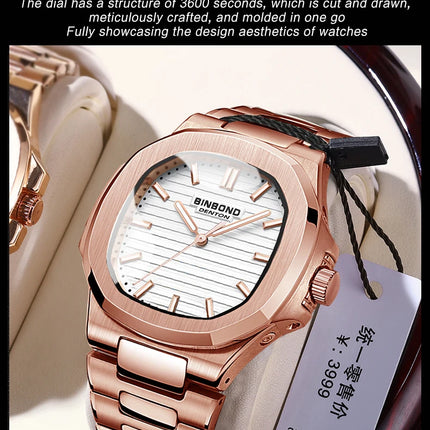 BINBOND Luxury Military Man Watch Square Waterproof Luminous Date Week Men Watch Stainless Steel Quartz Men's Watches Reloj