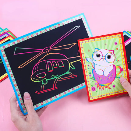 10Pcs Scratch Art Paper Magic Painting Paper with Drawing Stick Drawing Toys Kids Learning Educational Toys for Children Gifts