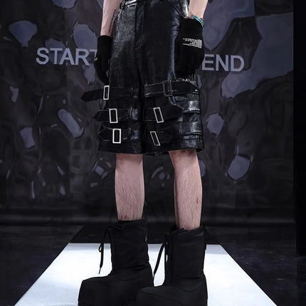 Mauroicardi Spring Summer Black Pu Leather Shorts for Men with Many Belt Mens with High Waist Short Straight Pants Clothes 2025
