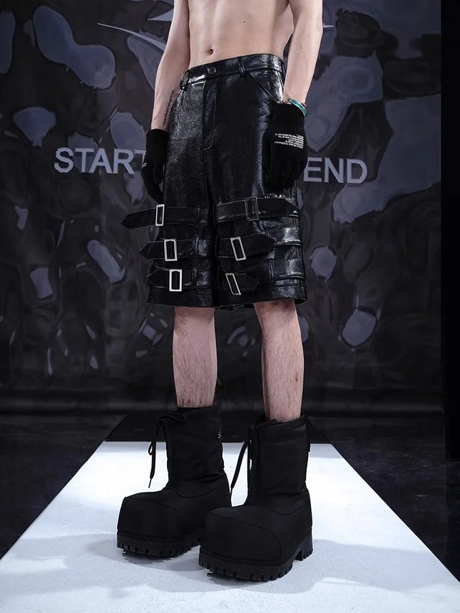 Mauroicardi Spring Summer Black Pu Leather Shorts for Men with Many Belt Mens with High Waist Short Straight Pants Clothes 2025