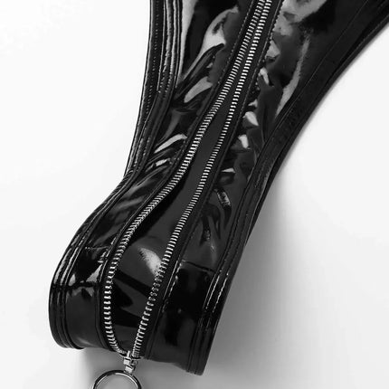 Porn PU Leather Wet Look Bodysuit Women Sexy Lingerie Exotic Teddies Nipples Cups Zippered Crotch Catsuit Costumes 2XL Plus Size