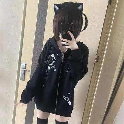 Cute  Print Hoodie Women's Oversized Fleece Lined Autumn Winter Jacket Korean Style Commute Friendly Regular Fit Zipper