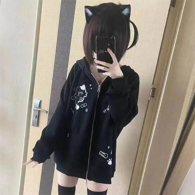 Cute  Print Hoodie Women's Oversized Fleece Lined Autumn Winter Jacket Korean Style Commute Friendly Regular Fit Zipper