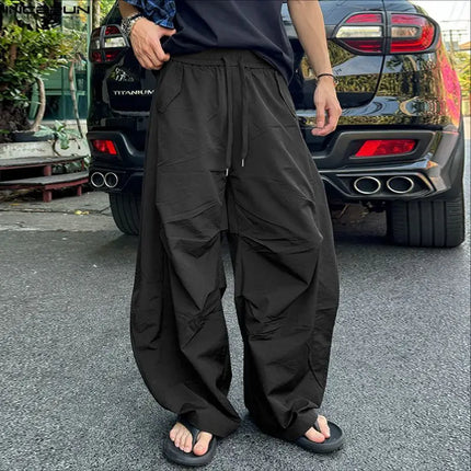 INCERUN Men's Pants Solid Color Drawstring Joggers Loose Casual Trousers For Man Streetwear 2026 Fashion Male Wide Leg Pants