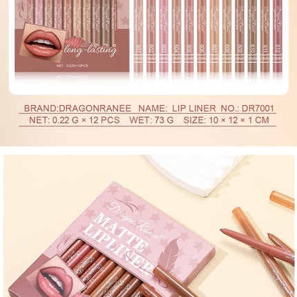 12-Piece Lip Liner Set for Outlining Lip Shapes, Beginner-Friendly, Natural and Delicate, Waterproof Matte Nude Lip Liner Set