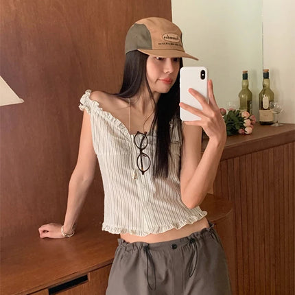 Korean Sle ort Striped Vest Women Summer Outerwear Subtle Design Single Button Lobone Trendy Age-Defng Top