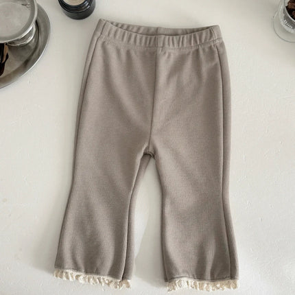 Spring Fall 1-3 Years Baby Girl Outfit Warm Ribbed Fabric Khaki Sweatshirt + Pant Set Lace Trim Casual Toddler Clothes