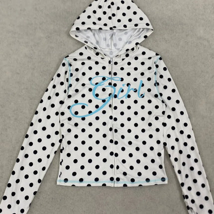 Retro Y2K Style Polka Dot Hooded Zip Up Top Women With Girl Print Design For Summer Casual Daily Wear