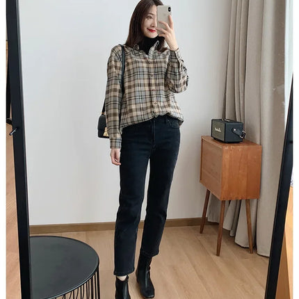 Korean Style 2024 Early Autumn Collection Loose Fit Vintage Hongkong Flair Plaid Striped Long Sleeve Shirt Women's Thickened Inn