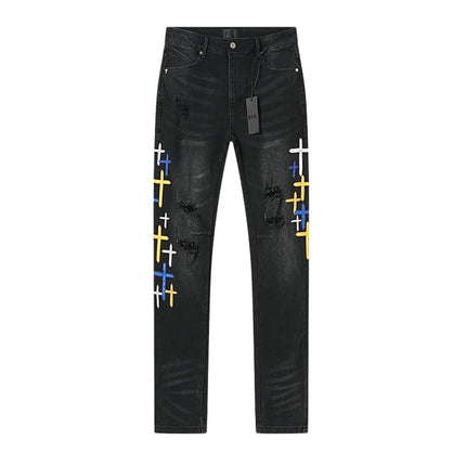 2025 New Destroyed Scratch Hole Men's High Street Slim Fit Skinny Light black embroidery Denim Jeans Pants