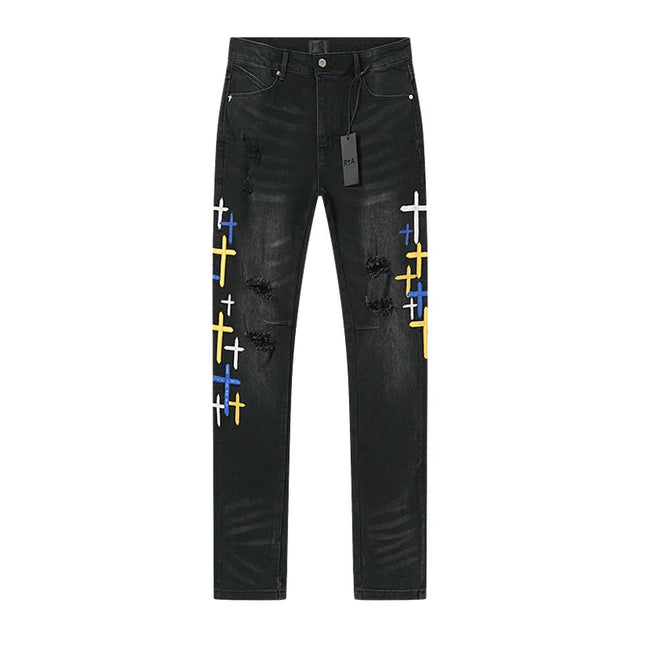 2025 New Destroyed Scratch Hole Men's High Street Slim Fit Skinny Light black embroidery Denim Jeans Pants