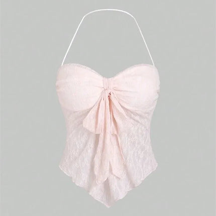 Bow knot Lace Halter Top for Women Summer Sexy Floral Pattern Off the Shoulder Backless V-neck Crop Top Y2K Clothes