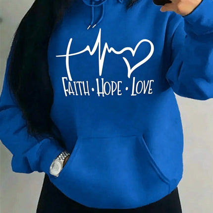 Fashion Faith Hope Love Letter Graphic Hoodies Women Loose Oversized Heart Pulse Print  Sweatshirt Black Daily Casual Hoody