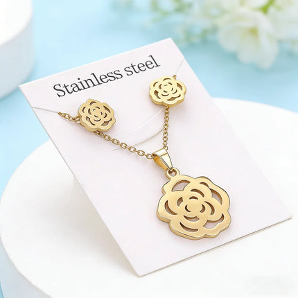 6/8/10/15Sets Fashion Flowers Heart Stainless Steel Earrings Necklace Set For Women Mix Style Trendy Jewelry Party Gifts