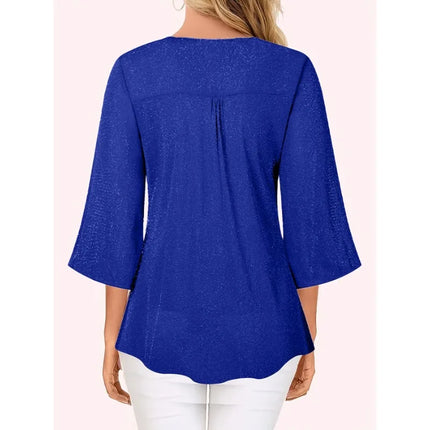 Plus Size 1XL-5XL Women's Fashionable V-neck Casual Ruffle Edge 3/4 Sleeve Loose and Comfortable Shirt
