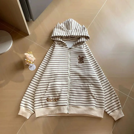 Spring New Vintage Stripe Hoodies Cute Girl Y2K Zip Up Hoodie Coat Versatile Retro Age Reducing Sweatshirt Kawaii Clothes Korean