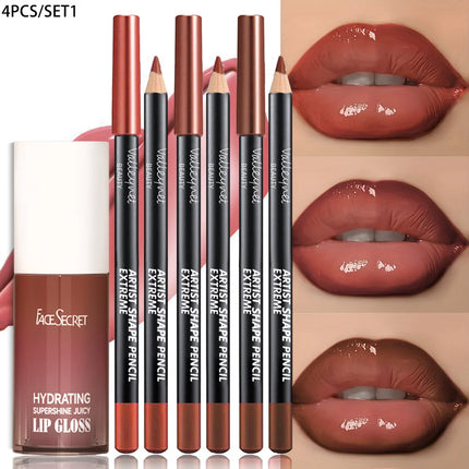 4PCS/SET Moisturizing Lip Gloss Lip Oil Lip Liner Set - Long lasting Waterproof Lip Liner 3D Lips for A Dewy Finish Lip Combo