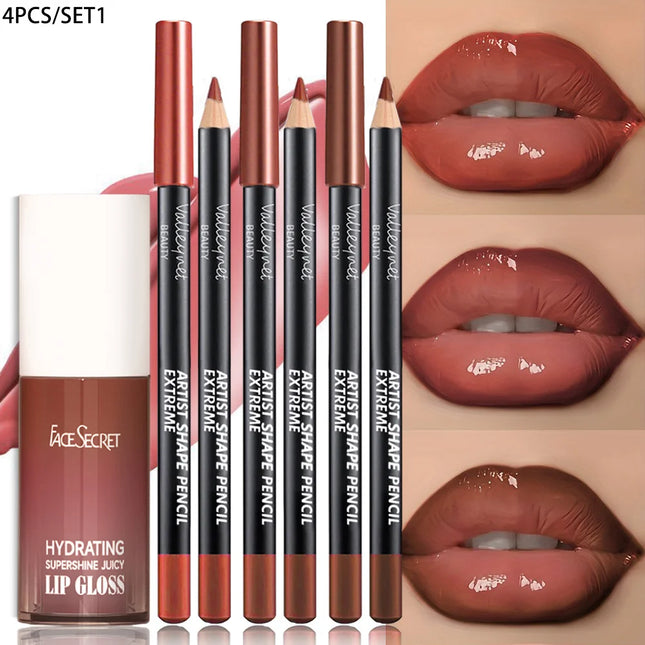 4PCS/SET Moisturizing Lip Gloss Lip Oil Lip Liner Set - Long lasting Waterproof Lip Liner 3D Lips for A Dewy Finish Lip Combo