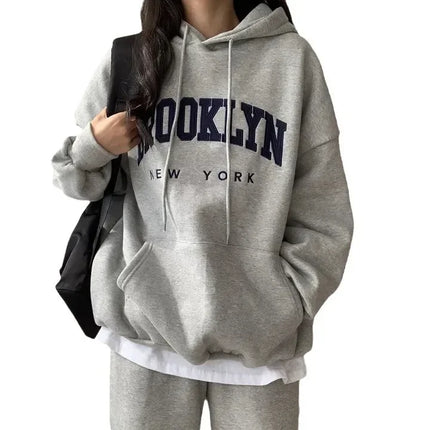 American Style printed Letter Hooded Sweatshirt Women's Loose Fit Thickened Fleece Lined Cross-border Clothing
