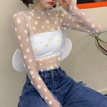 2023 Autumn Hollow Out Mesh T-Shirt Daisy Flower Pattern Crop Top sexy Transparent Long Sleeves Basic Tops For Women Lace Tops