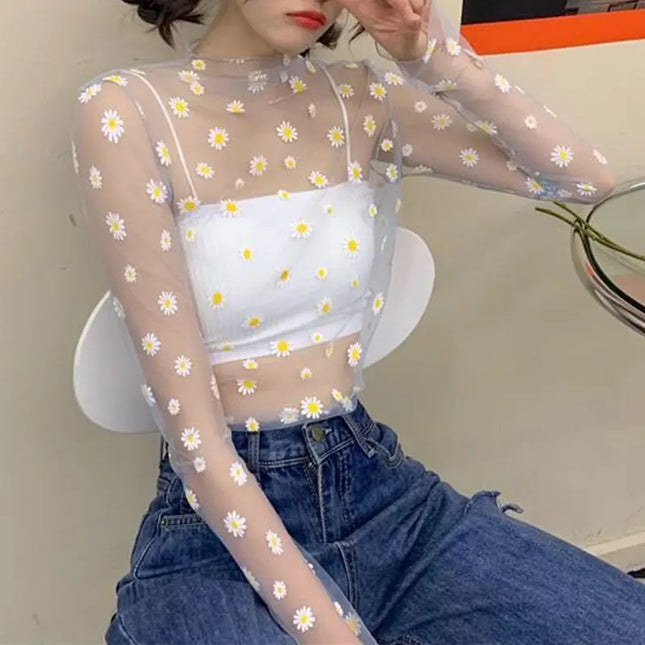 2023 Autumn Hollow Out Mesh T-Shirt Daisy Flower Pattern Crop Top sexy Transparent Long Sleeves Basic Tops For Women Lace Tops