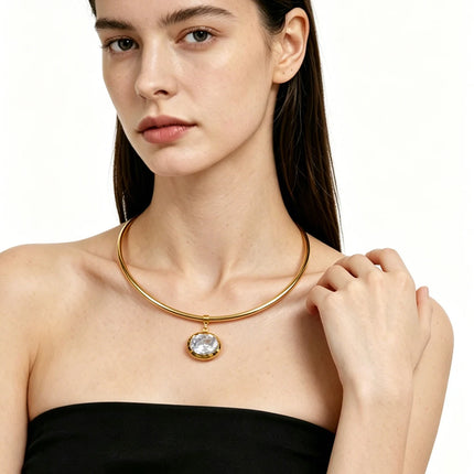 ENFASHION Para Mujer Oval Crystal Pendant Collar For Women's Stainless steel 18K Plated Gold High Street Fashion Jewelry P253622