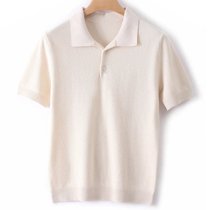 2025 Spring/Summer New Men's Short Sleeved 100% Cotton T-Shirt Sweater POLO Collar Loose Knit Pullover Business Casual Tops
