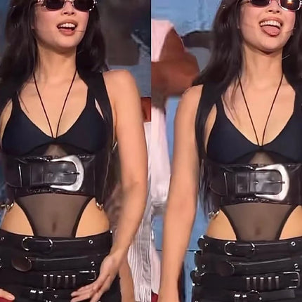 Sisterlinda Music Festival Fake 2-Pieces Patchwork Bodysuit Women Chest Wrapped Mesh PU Wide Waistband Midnight Clubwear Tops