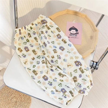 Kids Trousers Baby Summer Korean Bottoms Girls Cartoon Muslin Bloomer Children Casual Elastic Waist Playwear Fashion Clothing