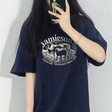 Loose Cotton Short Sleeve T-Shirt Women's Style Lazy Fashion Design Half Sleeve Body Shirt Summer Season round Neck Plant Floral