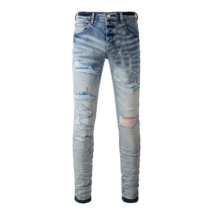 High Street Men's Jeans American Distressed Dark Black Coated Blank Stretch Skinny Button Fly Ripped Pants Trousers