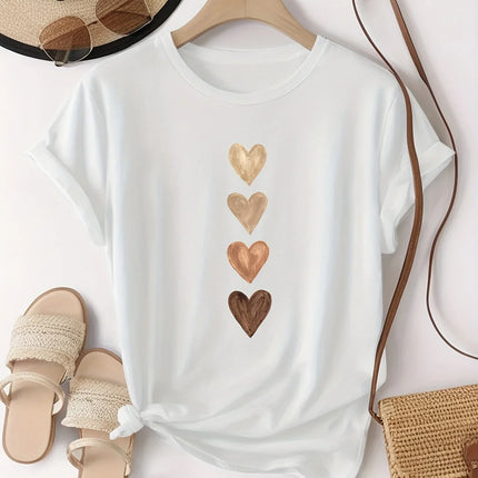 Women's Casual Short Sleeve T-Shirt with Four Heart Graphic Print - Black & Golden Medium Stretch Round Neck Novelty T-Shirt