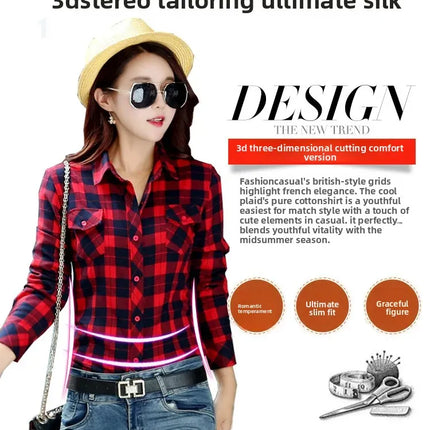 Slim Fit Plaid Long Sleeve Women's Shirt Qiang Yixuan Brand Autumn New Korean Version Cotton Button-Up Shirt