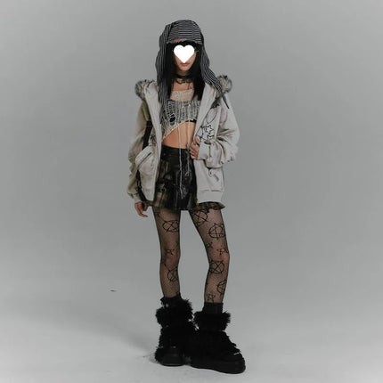 American retro fur collar rabbit ear hooded sweater jacket gray Y2K printed fleece thickened women's top autumn and winter