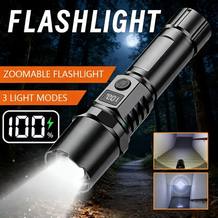 10000LM High Power LED Flashlight Long-range USB C Rechargeable Flashlight Power Display Zoom Lantern For Outdoor Camping Torch