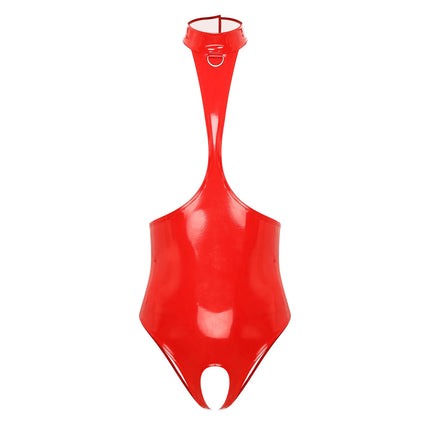Womens Lingerie Open Chest Open Cup Bodysuit Patent Leather Latex Catsuit Costume Bare Breast Exposed Bodycon Bodysuit Dresses
